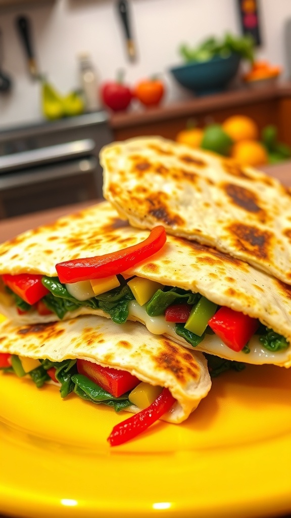 Colorful neon quesadilla filled with bell peppers and cheese, served in wedges on a bright plate.